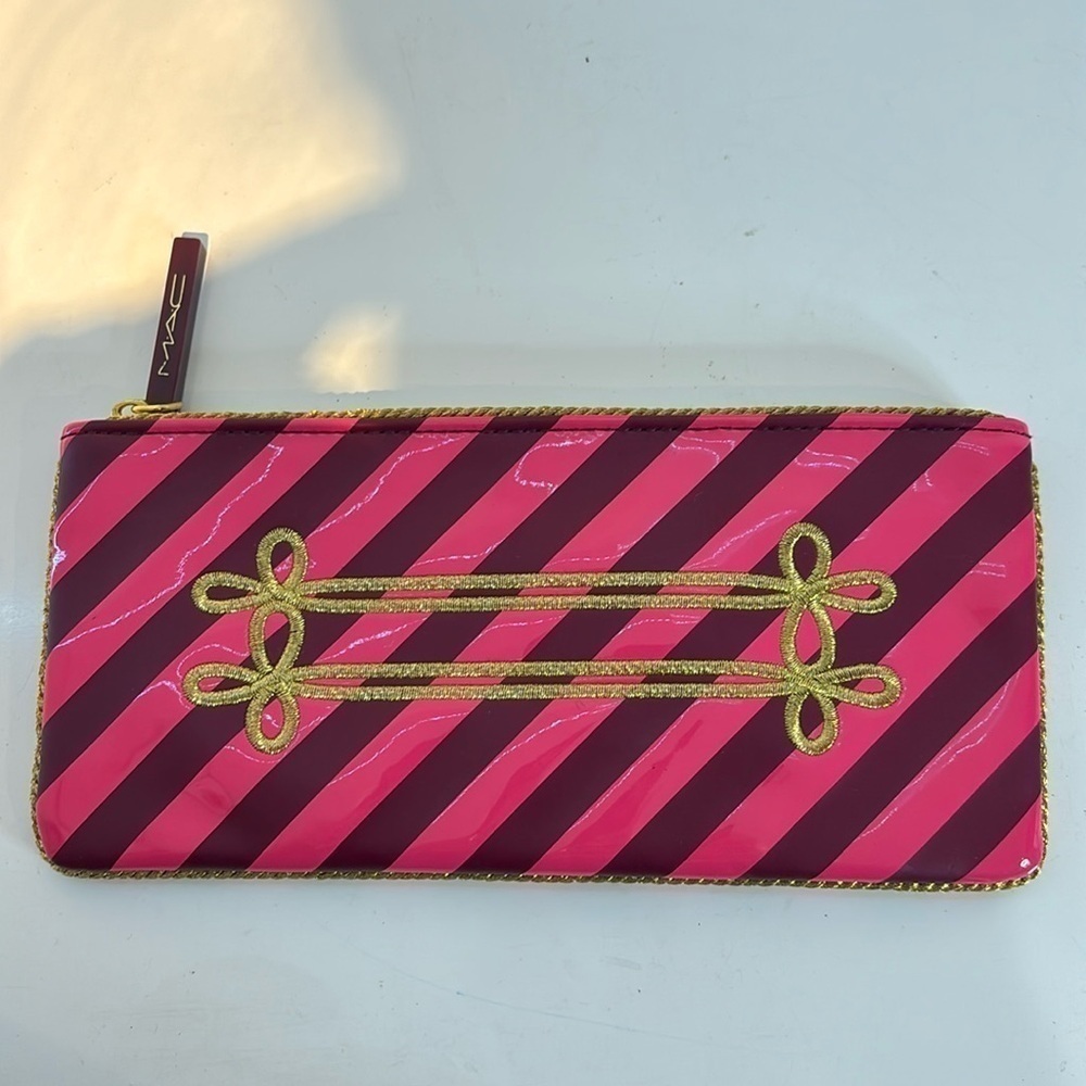 MAC Nutcracker Sweet Makeup Cosmetics Bag, Burgundy Striped Carry Pouch